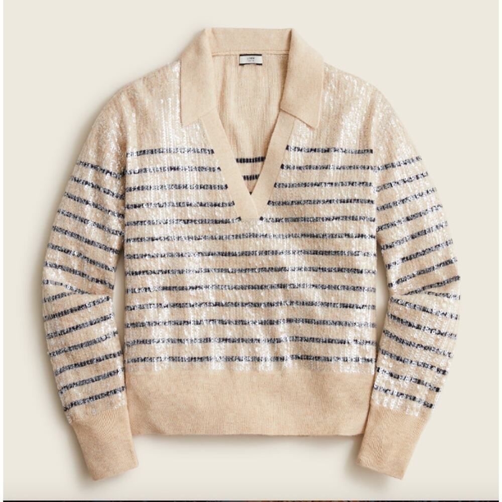 J. Crew Collection Collared Sequin Stripe Sweater Navy Cream Size Large